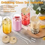 Sungwoo Coupes en verre avec des Lids de bambou et des Pailles, 16OZ Coupe de café glacé, Set de tasse à boire avec des lides en bois, Tumblers en verre essentiel maison pour bière, cocktail, thé et latte clair (4)