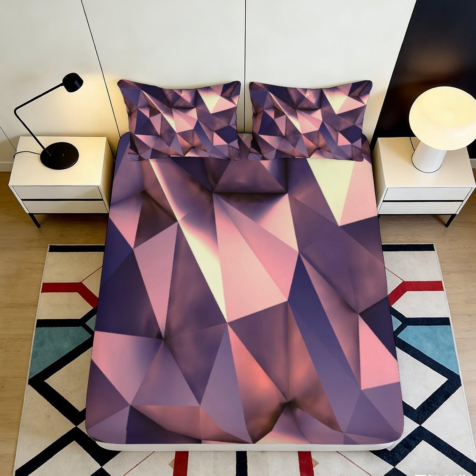 3D Printed Geometric Polygon Fitted Sheet Microfiber Soft Bedroom Decor Abstract Mattress Cover for Home Guest Room 90x200x25cm
