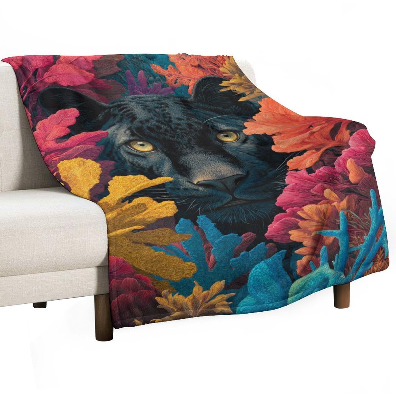 Couverture panthère colorée durable feuilles de jungle et fleurs