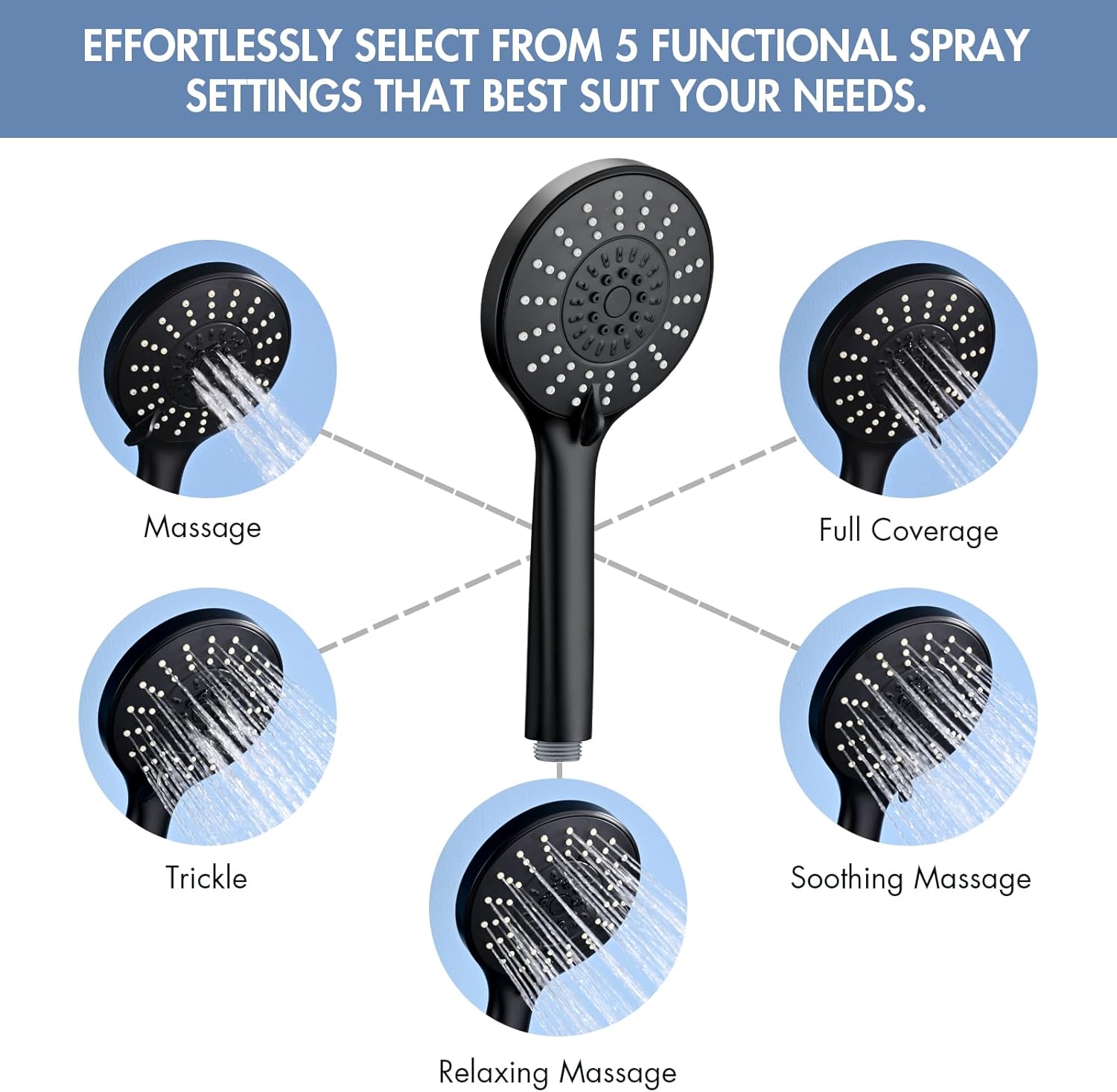 Adjustable Shower Slide Bar with 5-Function Handheld Shower Head, Stainless Steel Drill-free Mounted Slide Bar Combo with Extra Hose (Matte Black)