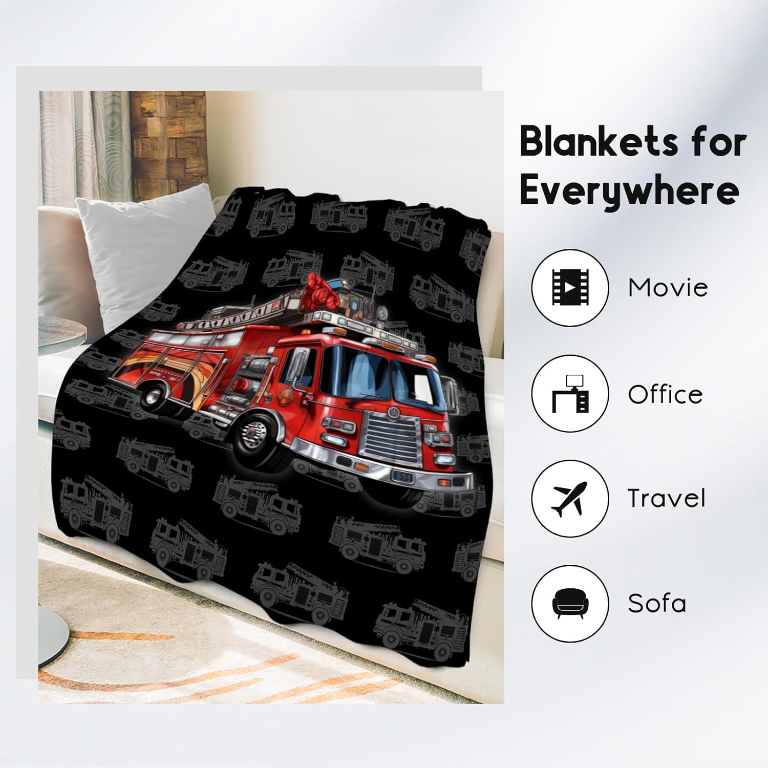 Toddler Blankets for Boys, Cozy Soft Fire Truck Throw Gifts for Kids, Black Flannel Firefighter Blankets for Couch Sofa, 40x50 Inches - Image 3