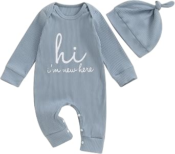 Geagodelia Newborn Baby Boy Hello Im New Here Baby Grow زي رومبير بأكمام طويلة من قطعة واحدة مع قبعة قطنية ملابس الخريف والشتاء للأطفال