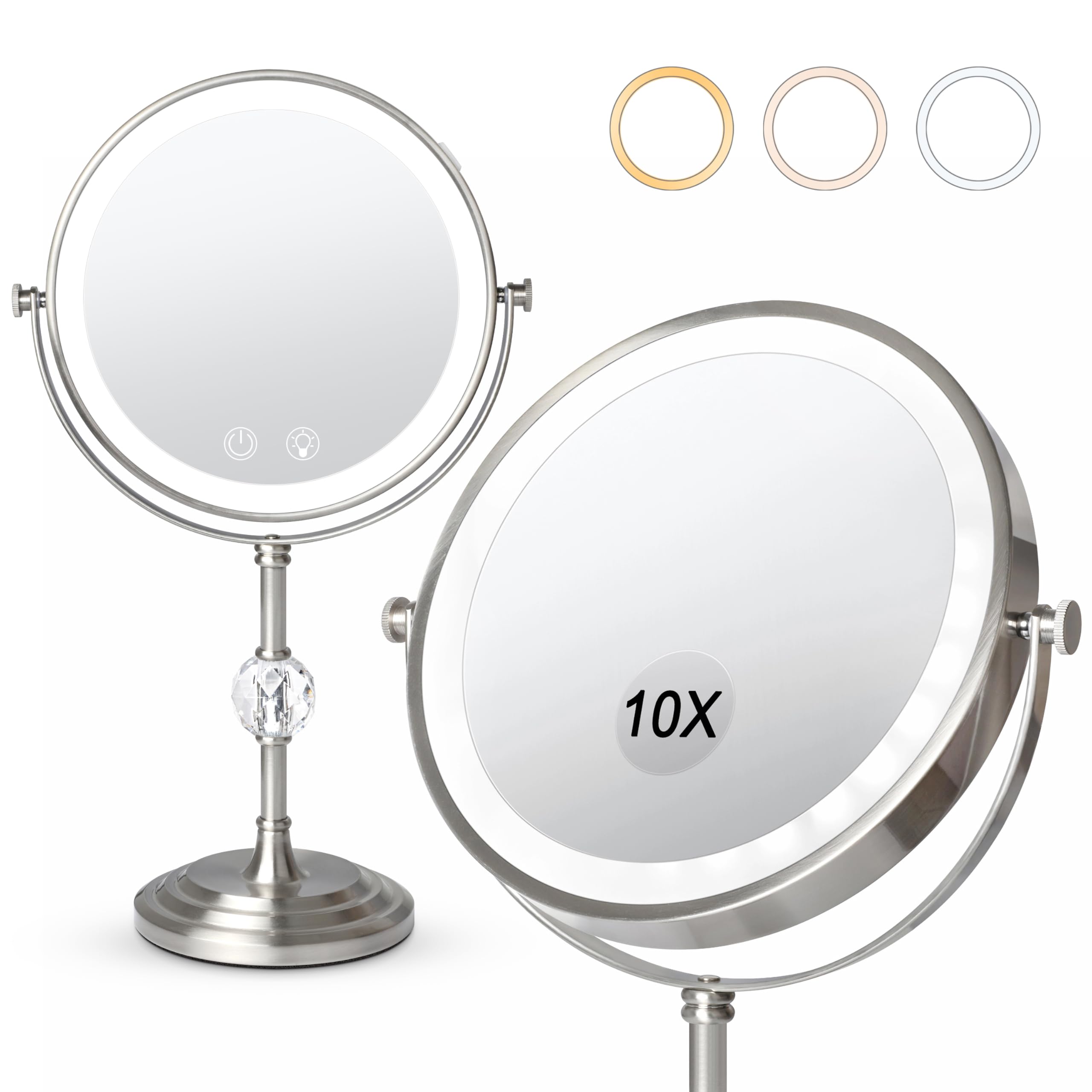 Specchio illuminato per il trucco, 4000 mAh, ricaricabile a doppia faccia 1x/10x con 3 colori, dimmerabile continuo, rotazione a 360°, specchio cosmetico con luci, funzione memoria, nichel