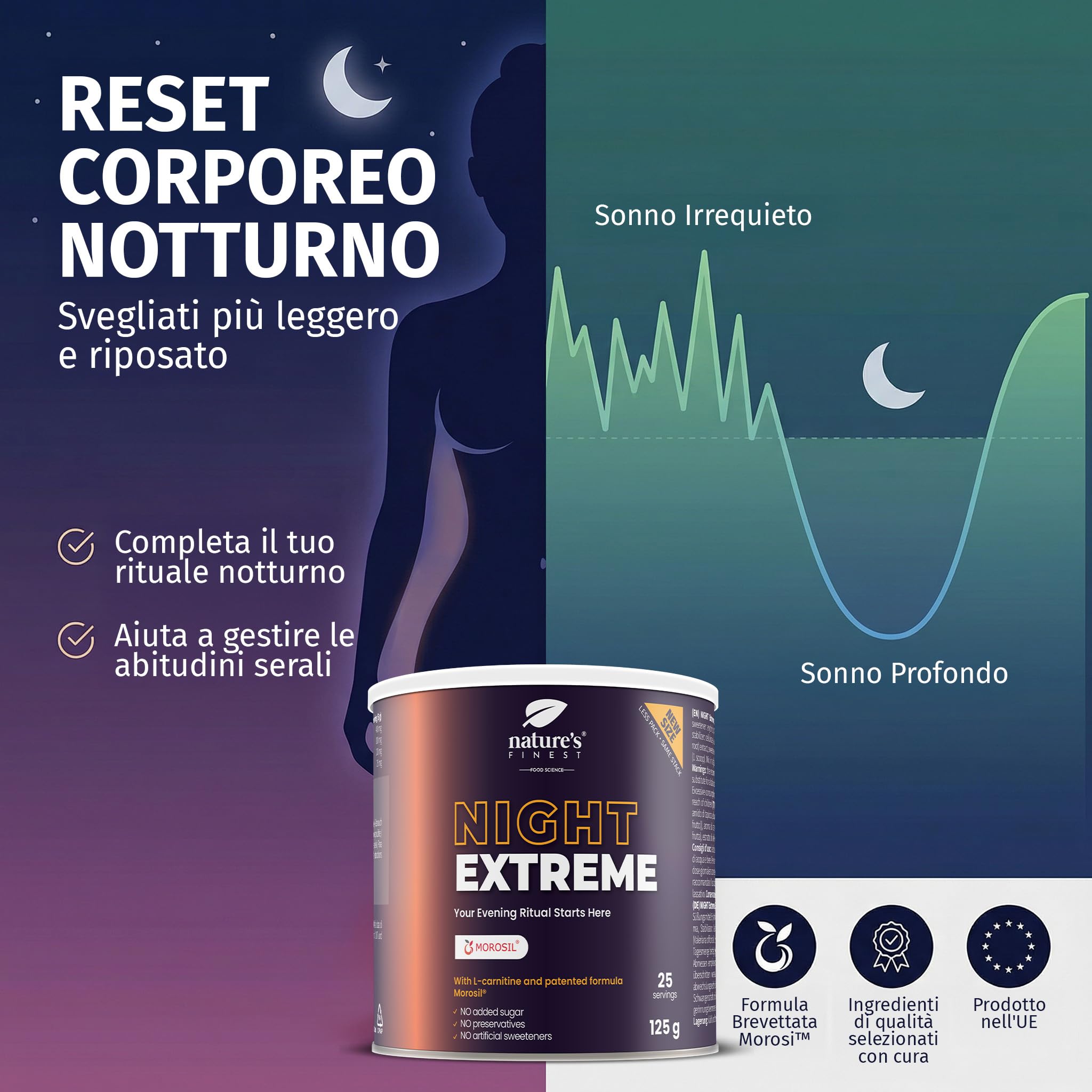 Nature’s Finest Night Burn Extreme - Bevanda Serale in Polvere con Morosil Arancia Rossa, Valeriana ed Estratto di Vite Rosso - 125g, Formula Vegana Senza Glutine