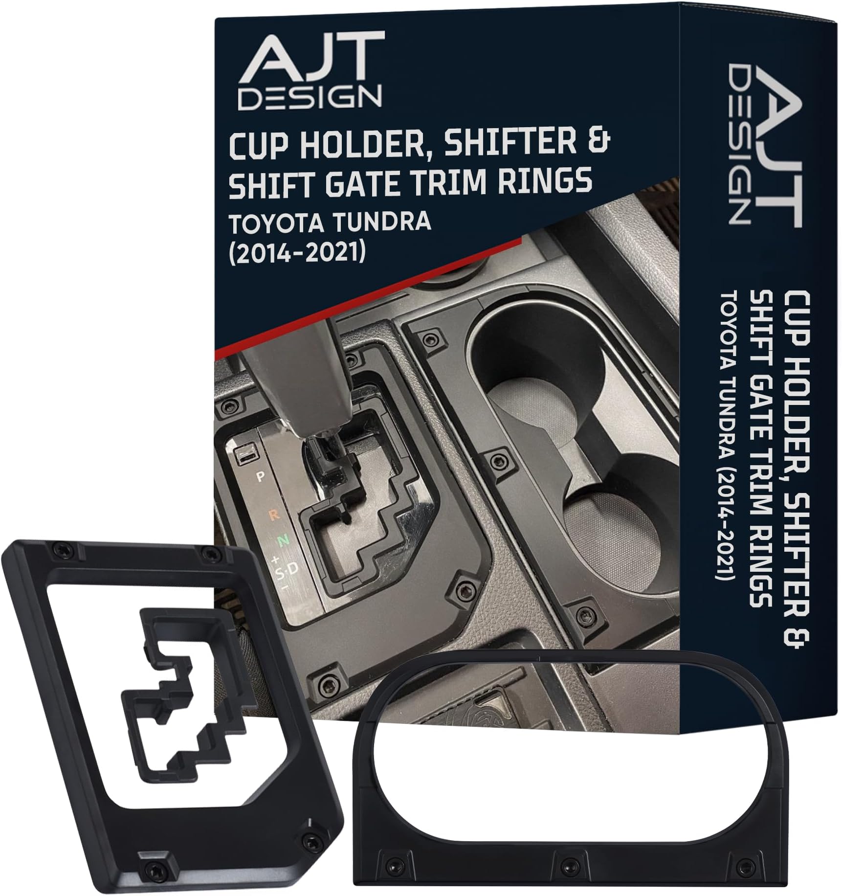 AJT DESIGN Cup Holder, Gear Shifter, & Shift Gate Trim Rings for Toyota Tundra (2014-2021) | Matte Black Chrome Delete Kit Made with Impact Resistance ABS Plastic | Easy Installation | Made in USA