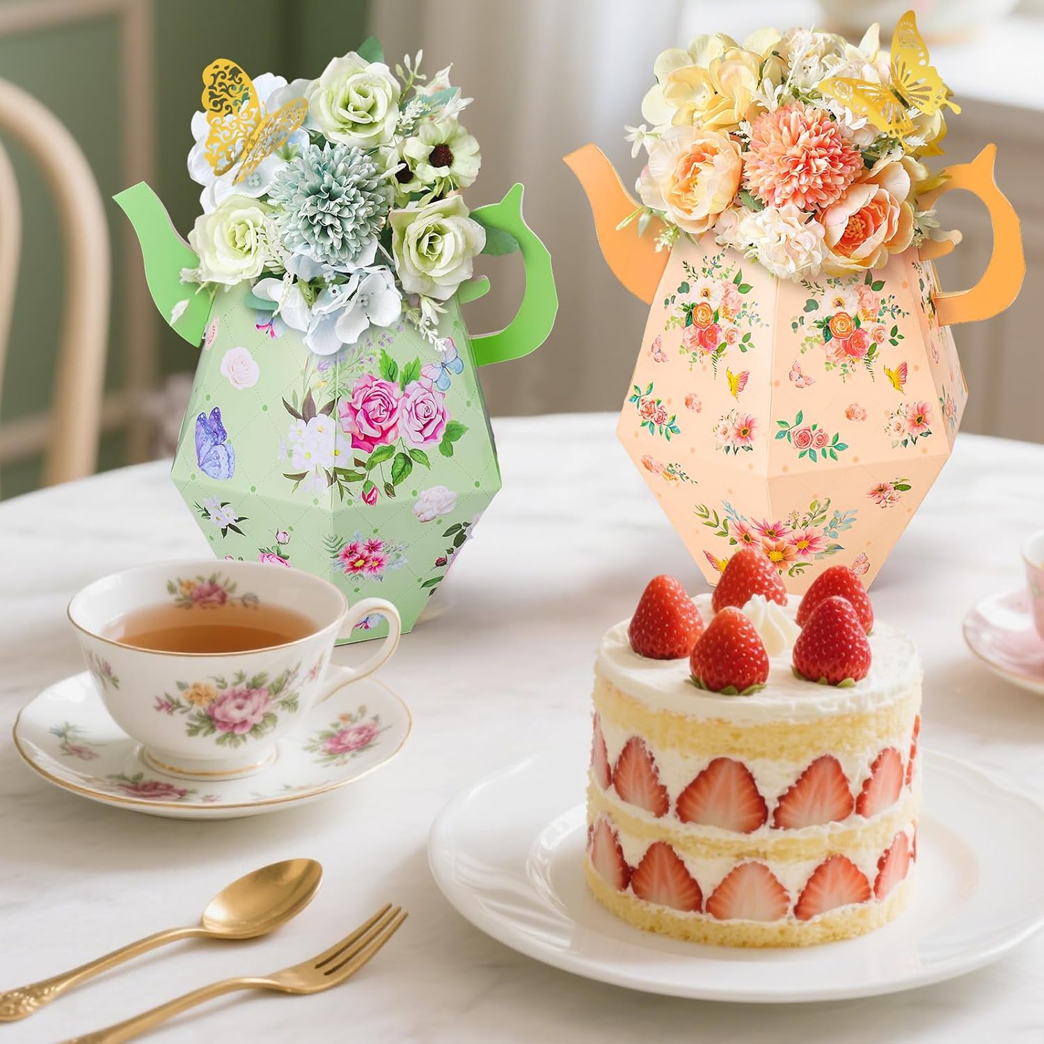 12 Pcs Tea Party Decorations, Flower Boxes Centerpiece Floral Teapot Vase Table Decor with 24 Pcs Butterflies for Birthday Baby Shower Bridal Wedding Princess Tea Party Decorations Supplies