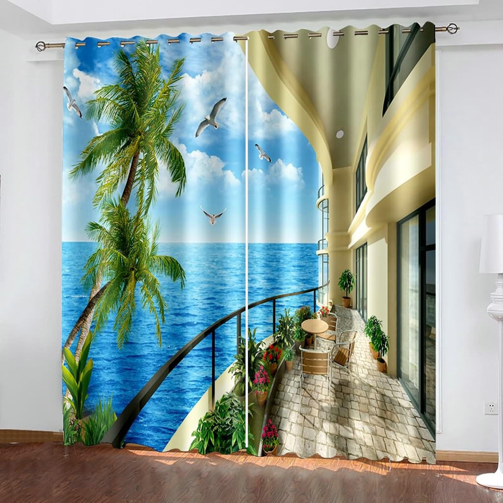 Gualiy Abdunkelnde Vorhänge, Vorhänge 214x244 Palmen und Vögel Meer Villa Landschaft Ösenvorhang Blickdicht 2er Set