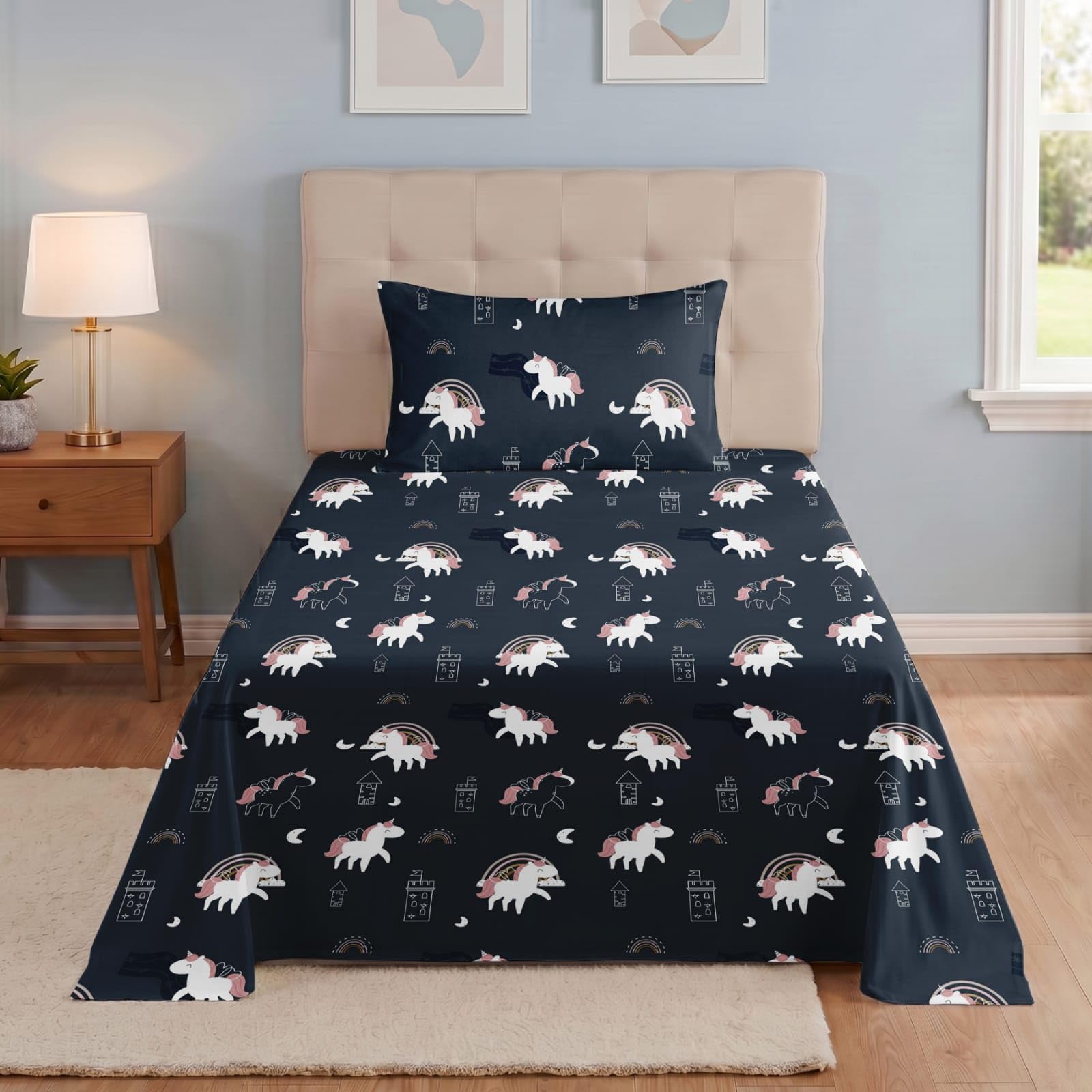TURIYA 144 TC Set of 1 Pc Cartoon Printed Single Microfiber Bedsheet with 1 Pc Pillow Cover; 60x90 inches; Black Unicorn-image-49