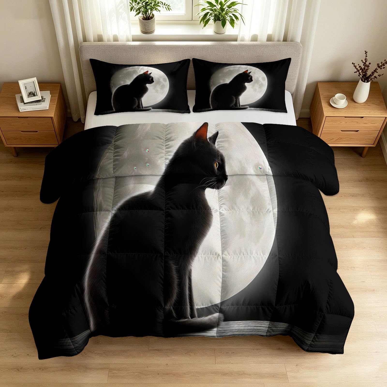 Surrealistyczny design kołdra 240 x 260 cm, noc księżycowa, wzór czarnego kota, na 4 pory roku, kołdra pikowana bez poszewki, przyjazna dla skóry i miękka kołdra całoroczna