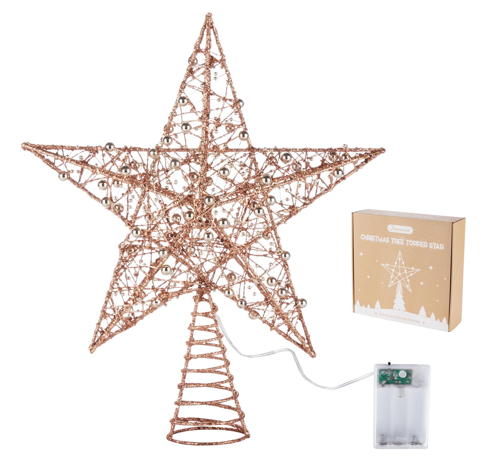 Punta de árbol de Navidad, 30 cm, con purpurina de alambre dorado con 30 luces LED, punta de alambre dorado con función intermitente, punta iluminada para árbol de Navidad, color oro rosa