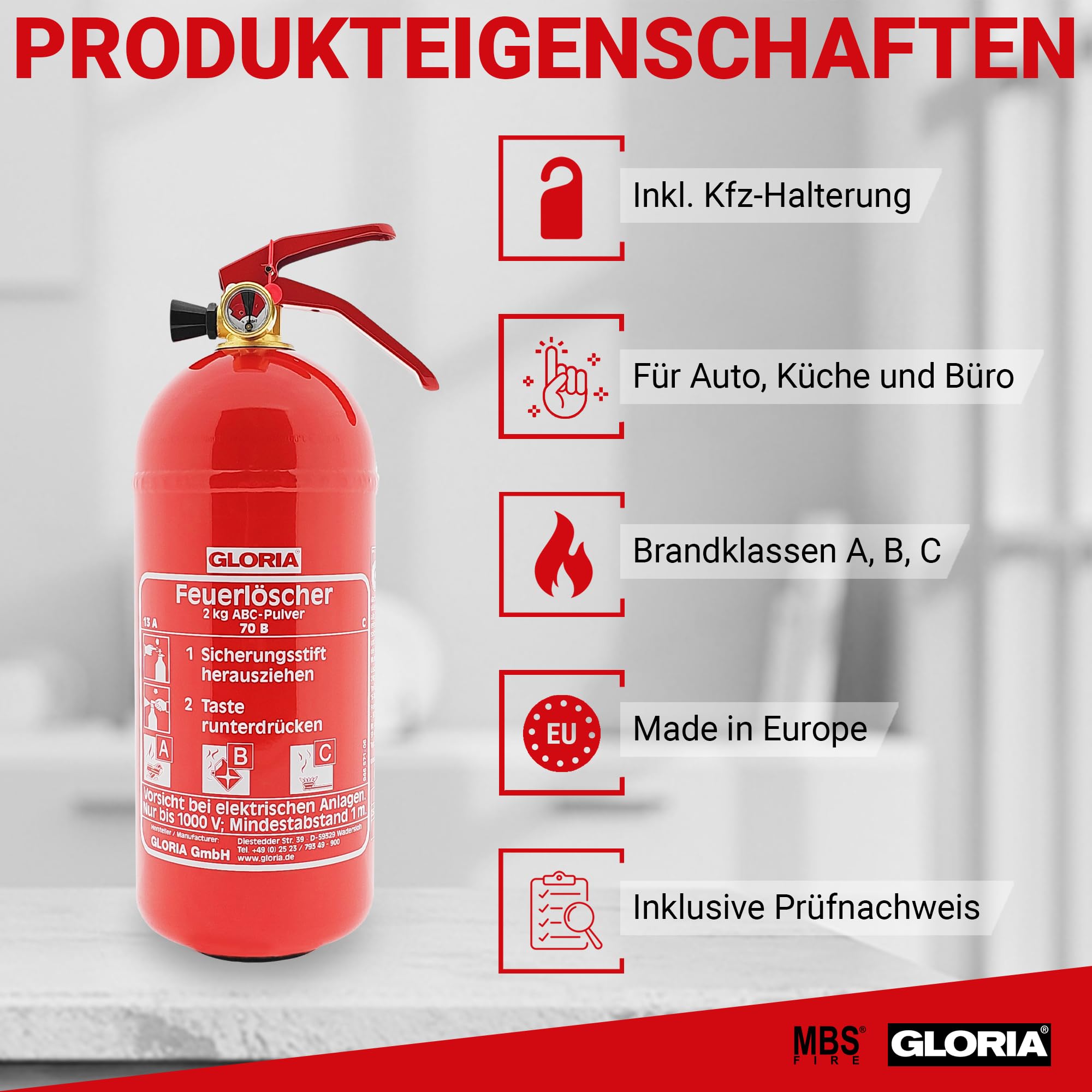 Gloria PD2GAM Extincteur à poudre avec manomètre 2 kg Classe d'incendie : A, B, C Contenu : 1 pièce