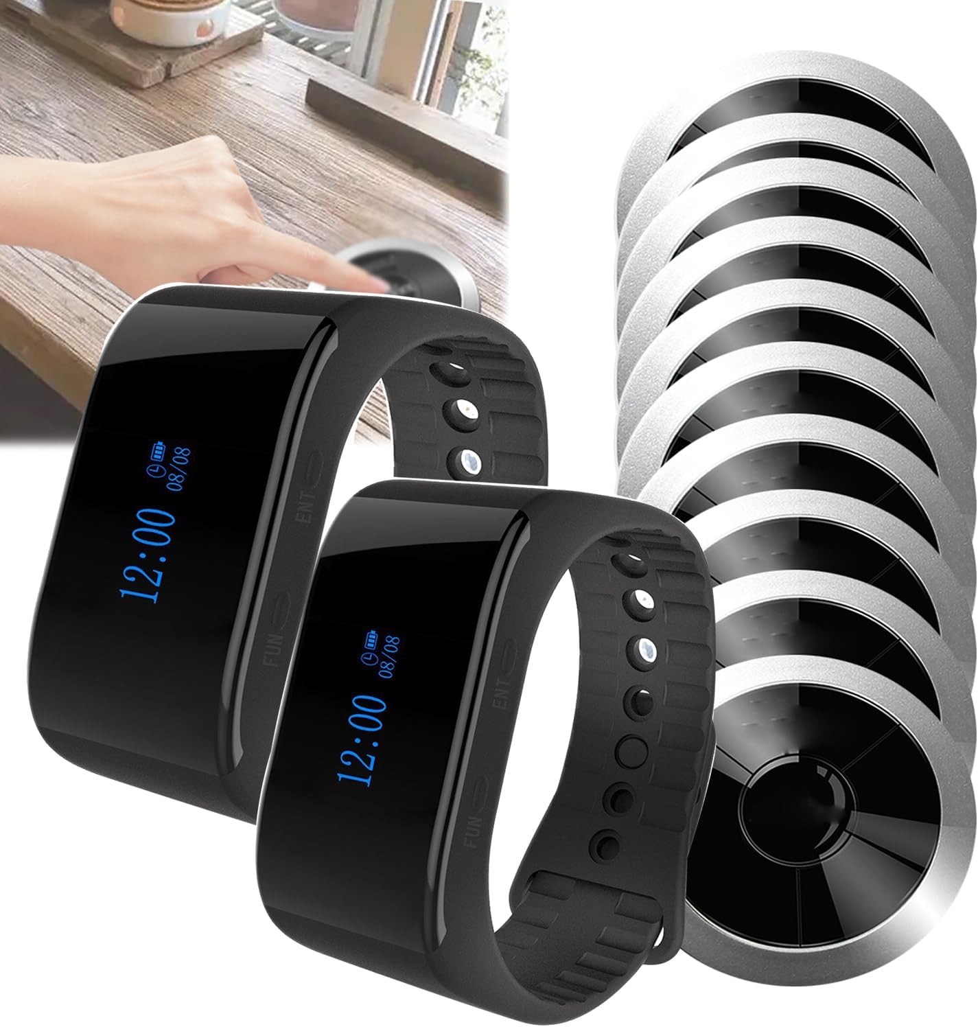 Wireless Calling System(Wearable), 2 Watch Receiver+10 Pagers, Silicone Cushion/Waterproof, Rotary Switch Base, Not Affected by Weather, for KTV, Factories,A