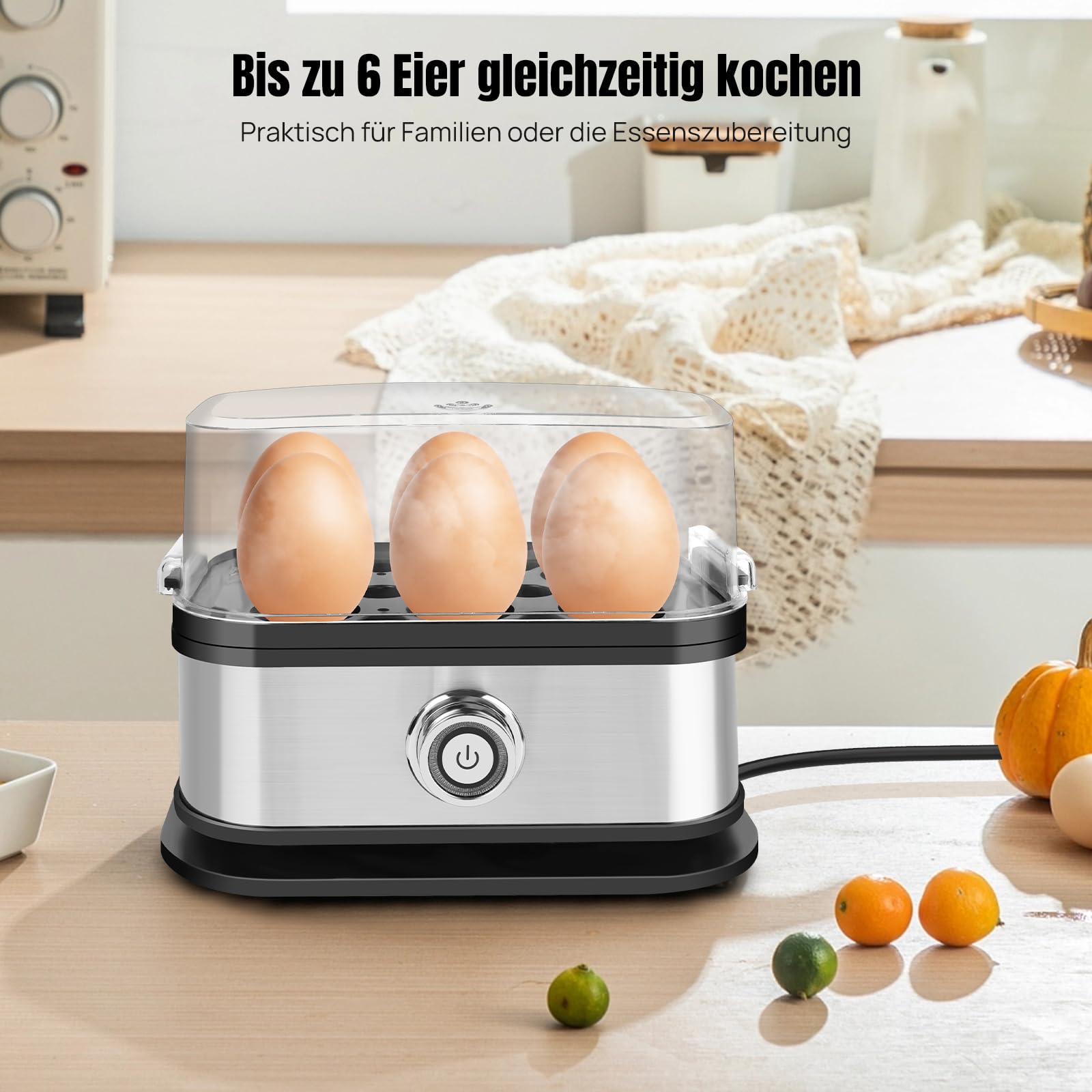 400W Eierkocher mit Dampfgarer, 6 Eier, Gleichmäßige Dampfverteilung, Sicher mit Überhitzungsschutz,Schnell und Energieeffizient, Edelstahl, Ideal für Eier, Reis, Gemüse