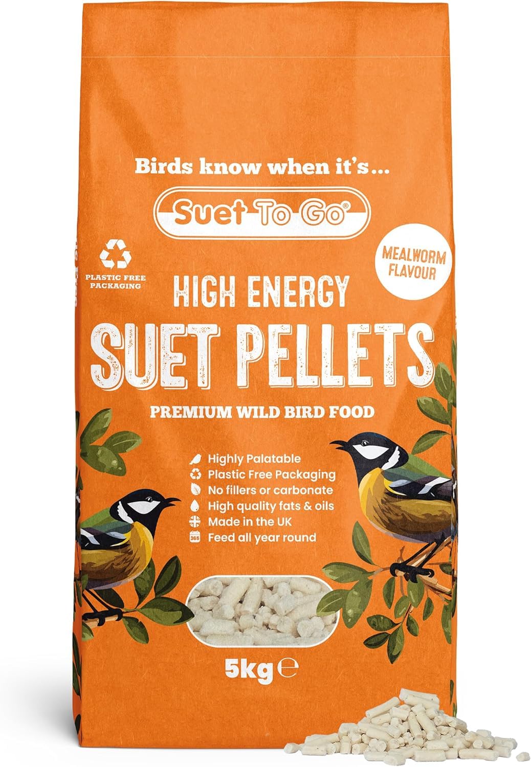 Suet To Go Mealworm Suet Pellets 5kg Plastic-Free Bag - High Energy Wild Bird Food, Protein & Fat, Attracts Robins & Tits