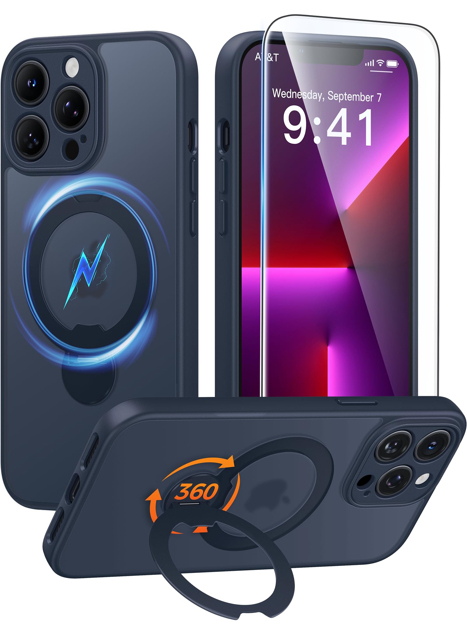 FNTCASE for iPhone 13 Pro Case: [360 Spin Magnetic Stand] [Compatible with Magsafe] [Screen Protector] Translucent Matte Military Grade Shockproof Full Camera Protective Phone Cover - Deep Blue