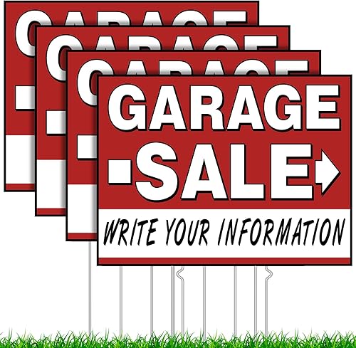 Paquete de 4 letreros de venta de garaje de doble cara de 17 x 13 pulgadas con estacas, letreros de venta de patio Waterpoof para eventos de venta, disponible en Yaxa Peru