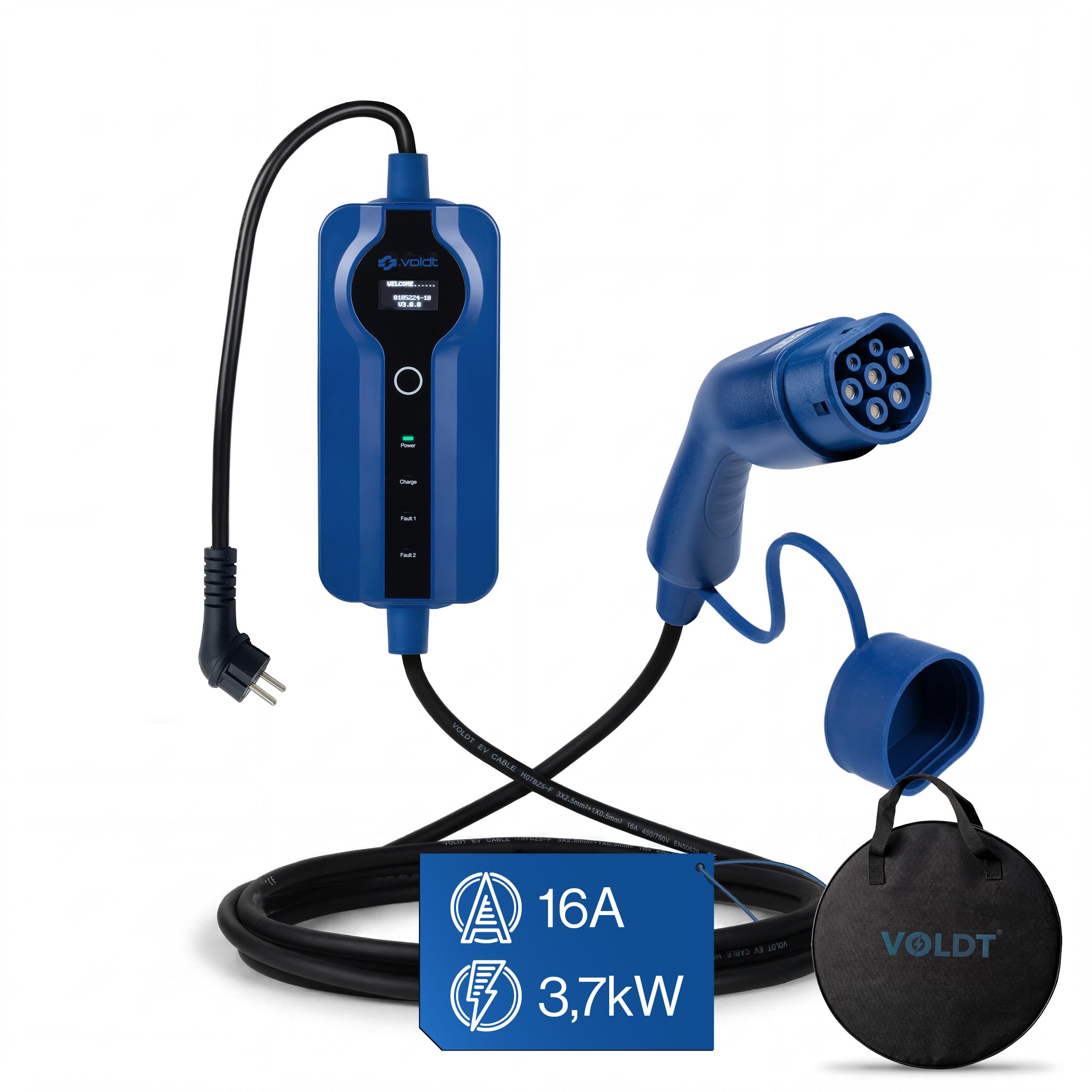 VOLDT Tipo 2 Cable de carga Schuko 3,7 kW, 1 fase, 8 A - 16 A, cargador EV ajustable con indicador digital controlable para coche eléctrico, cable de carga para vehículos eléctricos, IP67 resistente