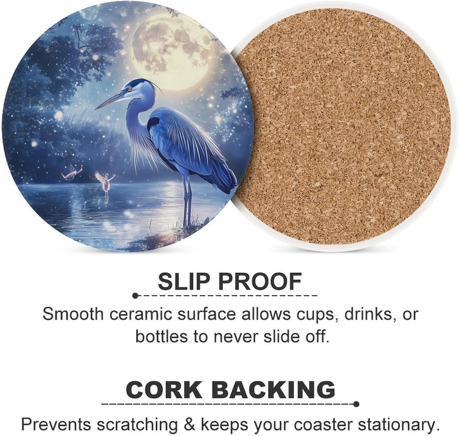 A Blue Heron Moon Round Ceramic Coasters for Drinks Absorbent Cup Holder Tabletop Protector with Cork Base