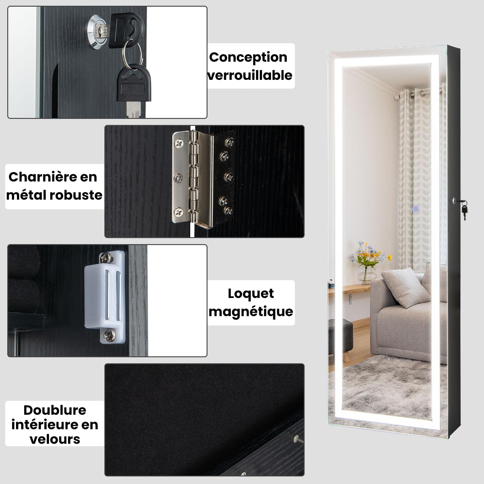 RELAX4LIFE Armoire à Bijoux Murale avec Miroir et Éclairage LED 3 Couleurs
