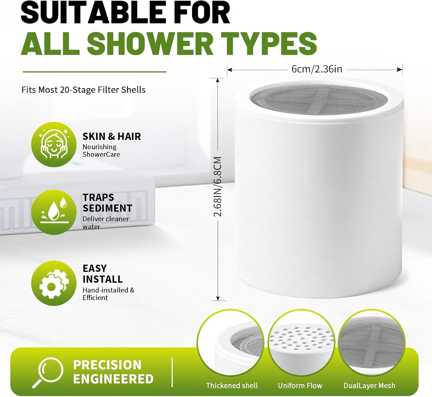 3-Pack Hard Water Shower Filter Compatible with Eskiin, Reduces Chlorine & Metals, Maintains High Pressure for Skin & Hair Care