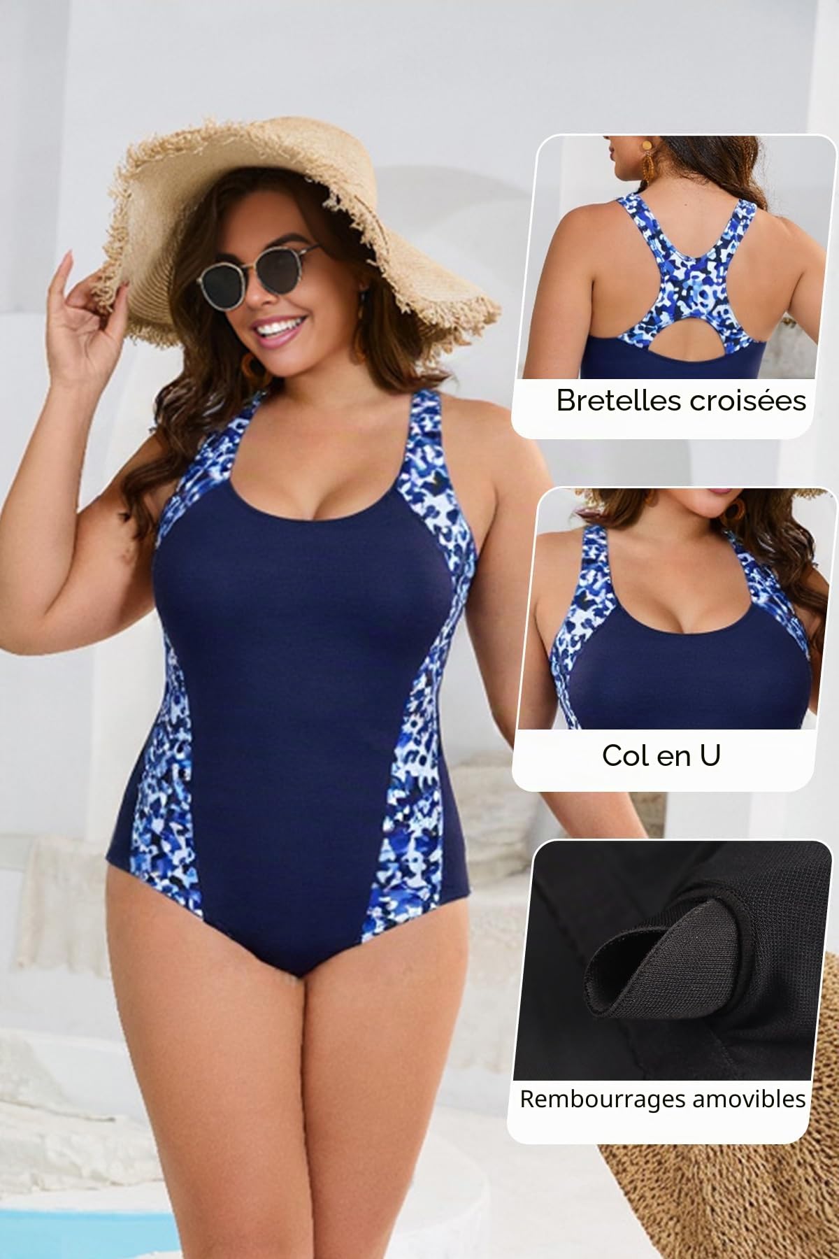 SHEKINI Maillot de Bain Une pièce Femme Grande Taille Gainant Ventre Plat Racerback Maillots de Bain 1 Pieces Port Bloc Couleur Push Up Swimsuit XL-5XL