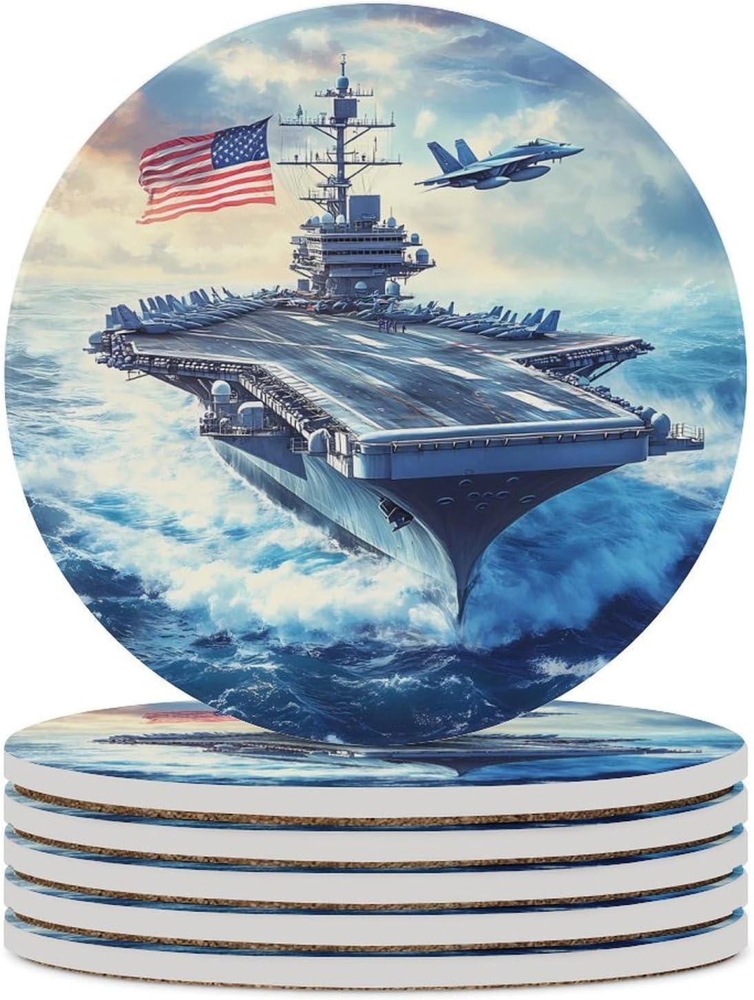 Airplane Ship U.S. Flag Funny Round Ceramic Coasters for Drink Absorbent Cup Holders Tabletop Protection