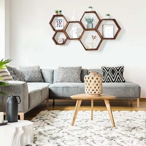 Miniatura 5 de Maitys Juego de 8 estantes flotantes hexagonales para pared de panal de abeja, para colgar en la pared, estantes rústicos para baño, cocina,