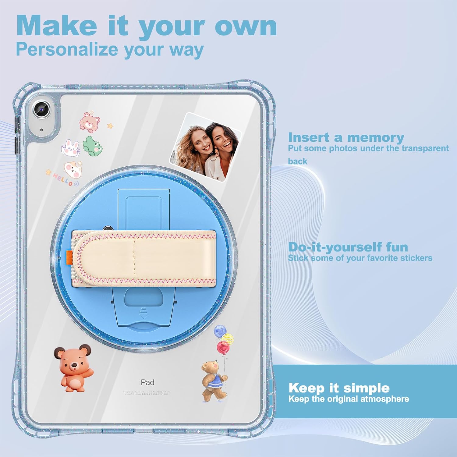 Shockproof Case for iPad 10th Generation 2022 10.9" with Adjustable Shoulder Strap, 360° Rotating Hand Strap Kickstand, Full Body Protection, Clear Back for Customization, TPU PC Cover, Light Blue