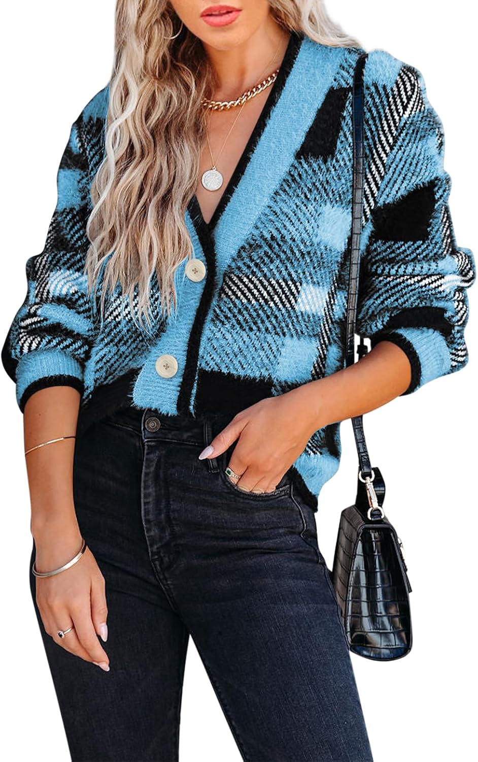 Imily Bela Womens Cardigan Sweaters Plaid Fuzzy Knit V Neck Button Down Long Sleeve Cozy Cardigans Pullover Tops