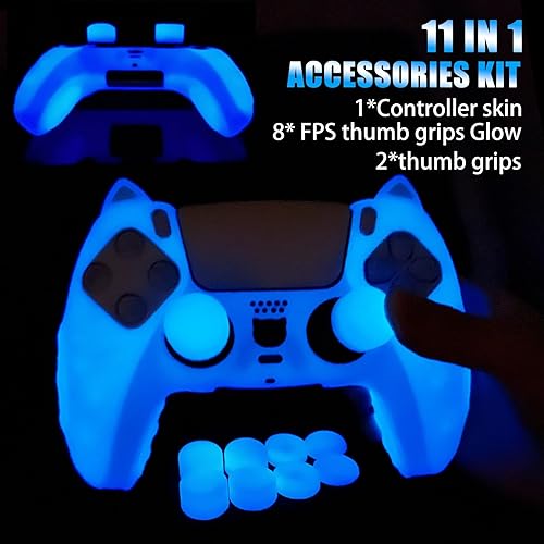 Miniatura 2 de Funda de silicona que brilla en la oscuridad para el controlador de PS5, incluye 8 empuñaduras para el pulgar que brillan y 2 accesorios de tapas de