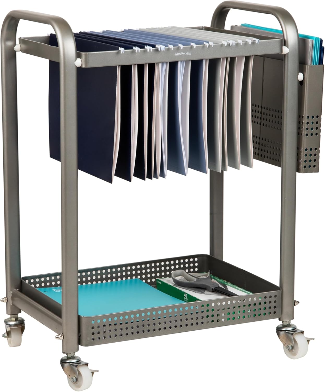 Mind Reader Rolling File Cart, Organizer, Utility Cart, Storage, Classroom, Office, Metal, 22" L x 12" W x 25.5" H, Silver
