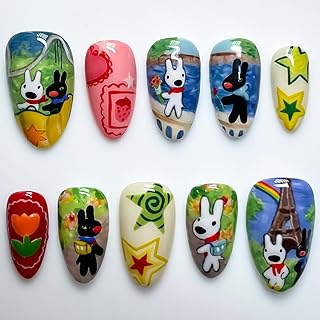 Oil Painting Style Press on Nails Medium Almond Fake Nails Black and White Dog Designs Cute False Nails Flat Printing Pattern Reusable Nails Acrylic Full Cover Stick on Nails for Women Girls 24Pcs