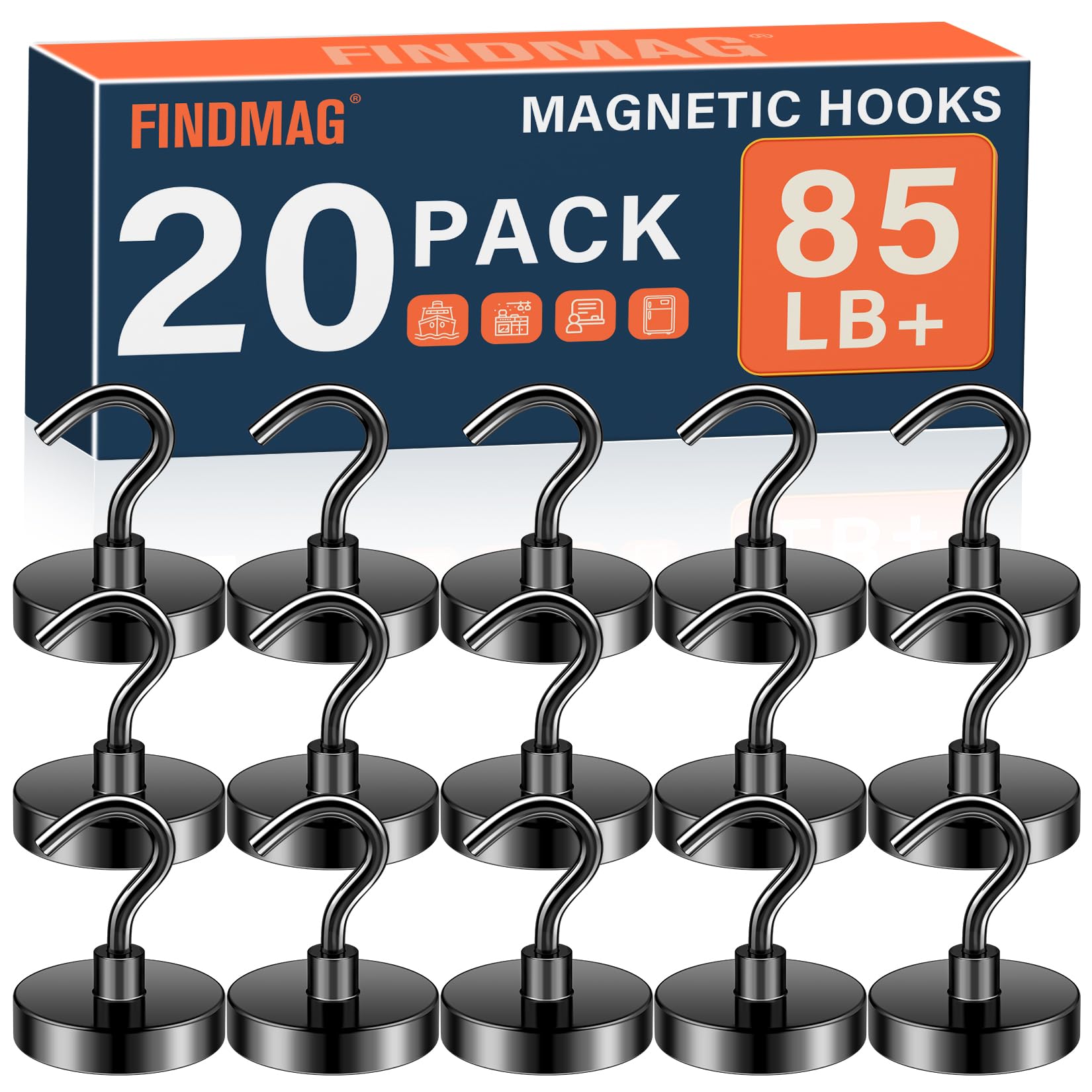 FINDMAG Magnet Hooks, 85LB+ Magnetic Hooks for Cruise Cabins, 20 Pack Black