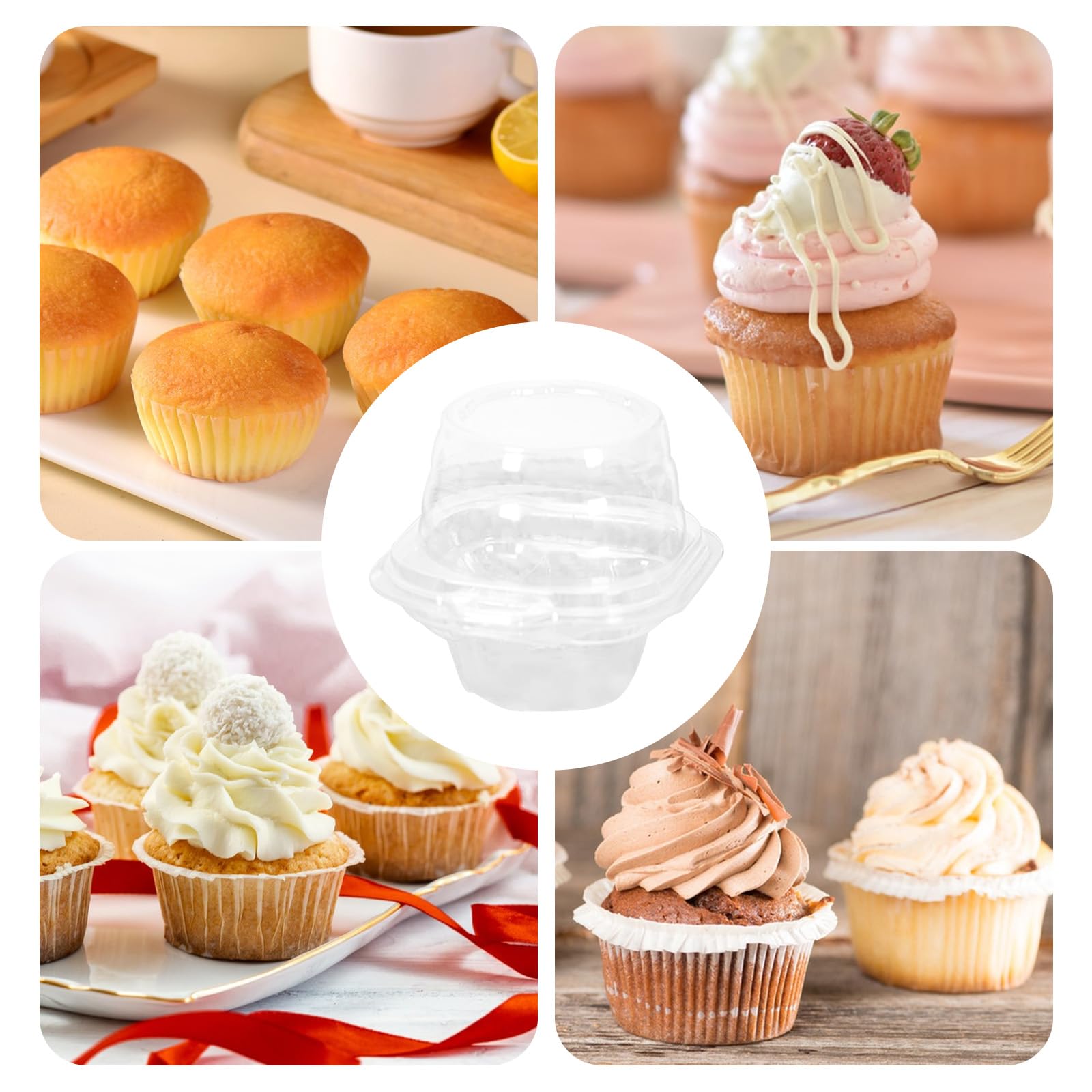50 cajas de plástico para cupcakes individuales, desechables y apilables (1 unidad)