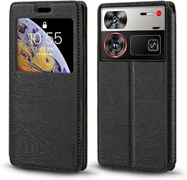 Leather Folio Case with Window, Compatible with ZTE Nubia Z60 Ultra 5G, Elegant Design, Clear Display, Hidden Magnetic Closure with Card Slots Black