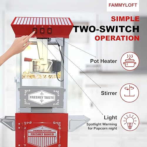 Miniatura 4 de Carro de máquina de palomitas de maíz de 12 onzas, máquina vintage de palomitas de maíz con soporte, vidrio templado, cubierta de calentamiento con