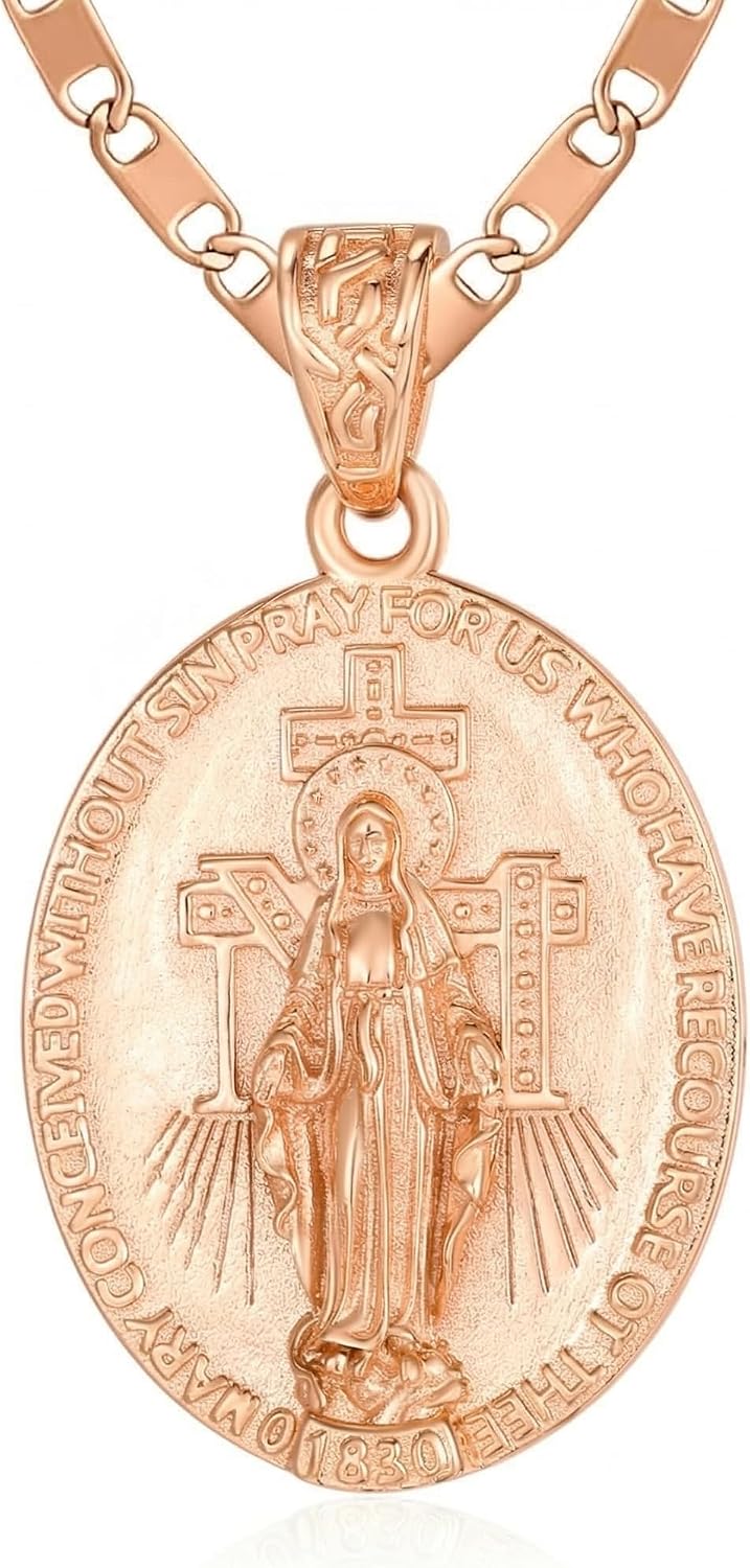 Patron Saint Medal, 14K Gold/Rose Gold Catholic Pendant Necklaces, Christian Jewelry Religious Gifts for Women with 22"+2" Mariner Chain