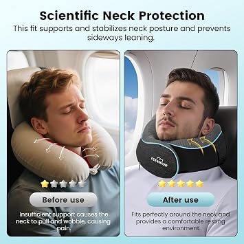 Travel Pillow for Adults,Memory Foam Airplane Pillow with 360 Neck Support, Includes Storage Bag, Eye Mask, Ear Plugs, Adjustable Travel Pillow for Long Flights,Train,Car & Business Trips(Dark Grey)