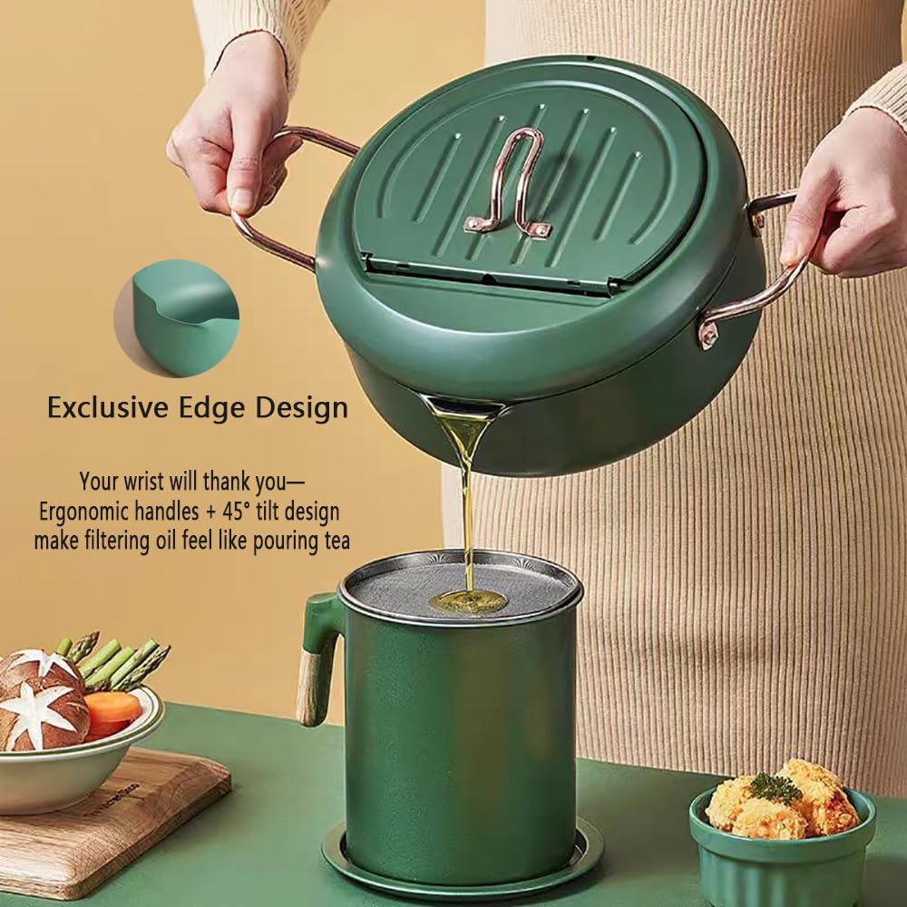 3.5L Stainless Steel Deep Fryer Pot 9.8in with 4 sets, Reduced Splashing Grate Japanese Tempura Thermometer Frying Pot