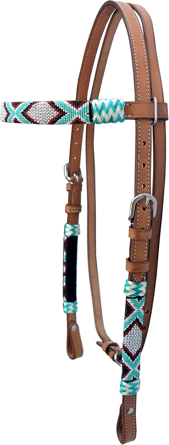 Western Horse Headstall Standard Size – Adjustable Hand Braided Genuine Leather Bridle with Rawhide Knotting, Stitched Accents & Multicolor Beads, Western Riding Tack, Brown