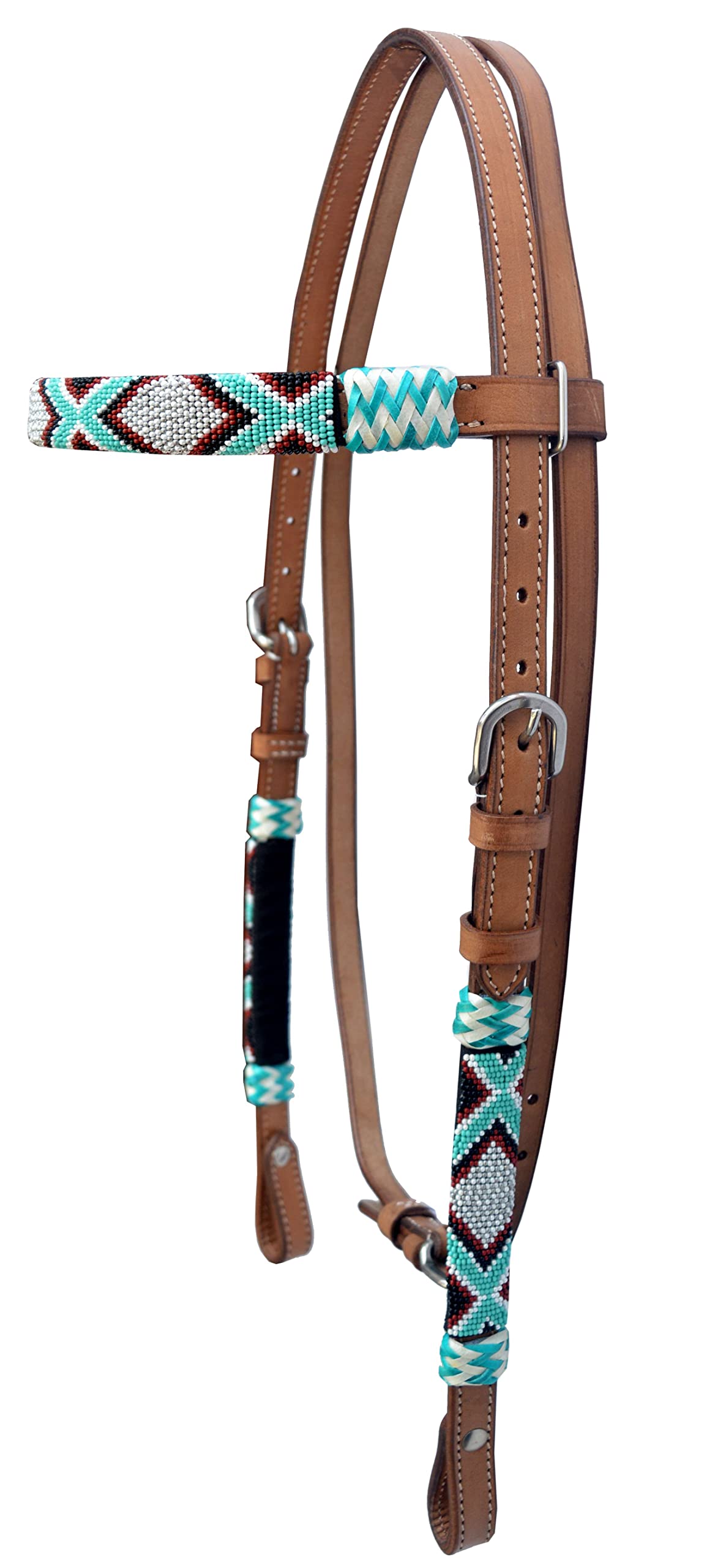 WeavingCraft Western Hand Braided Pure Leather Headstall -Rawhide Knotting Stitched with Multi Color Beads Headstall(L Brown)