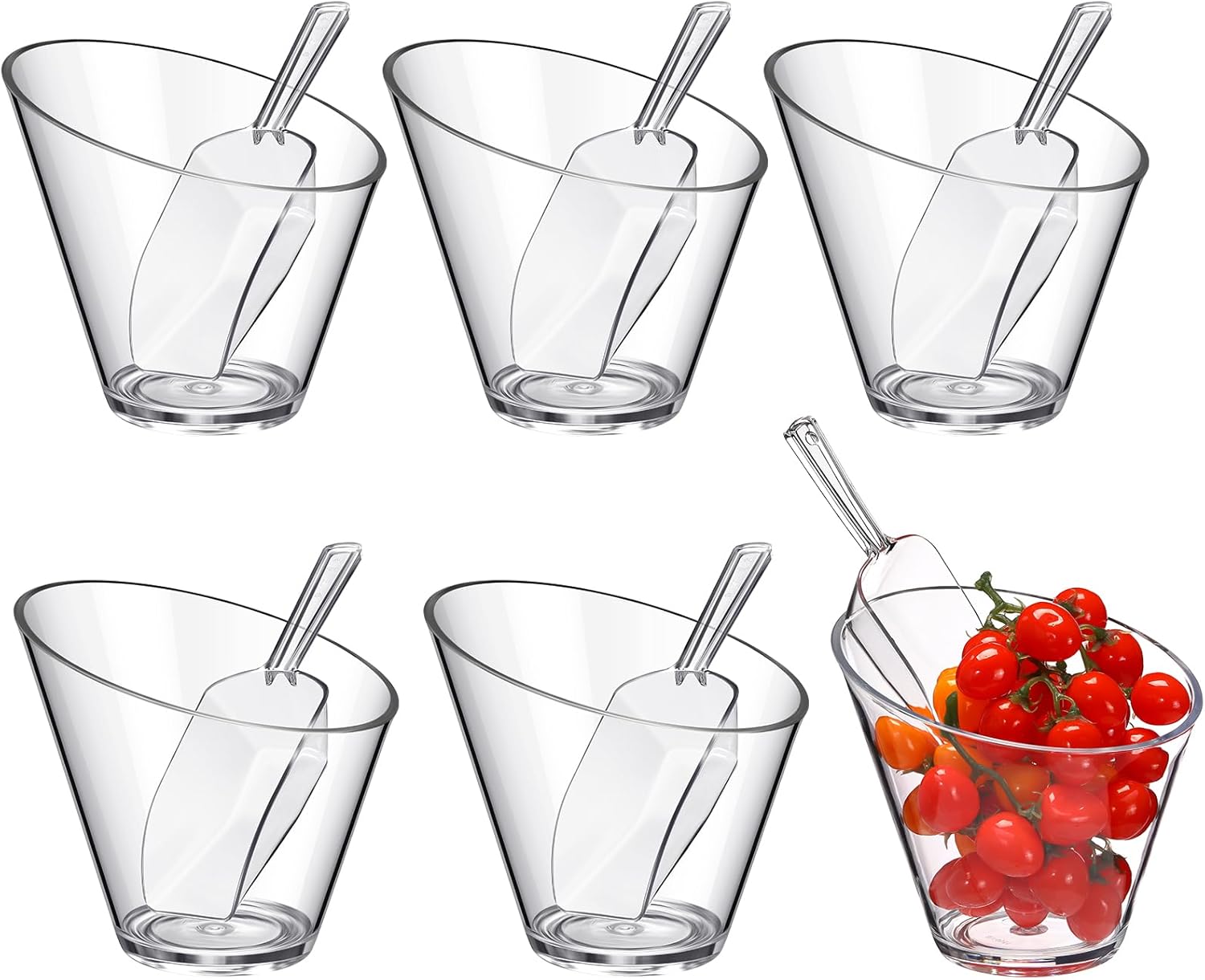 Sawysine 12 Pcs Acrylic Clear Serving Bowls with Plastic Kitchen Scoops Salad Serving Bowls Popcorn Scoops Angled Candy Bowl for Salad Cooking Parties(1.8 L)