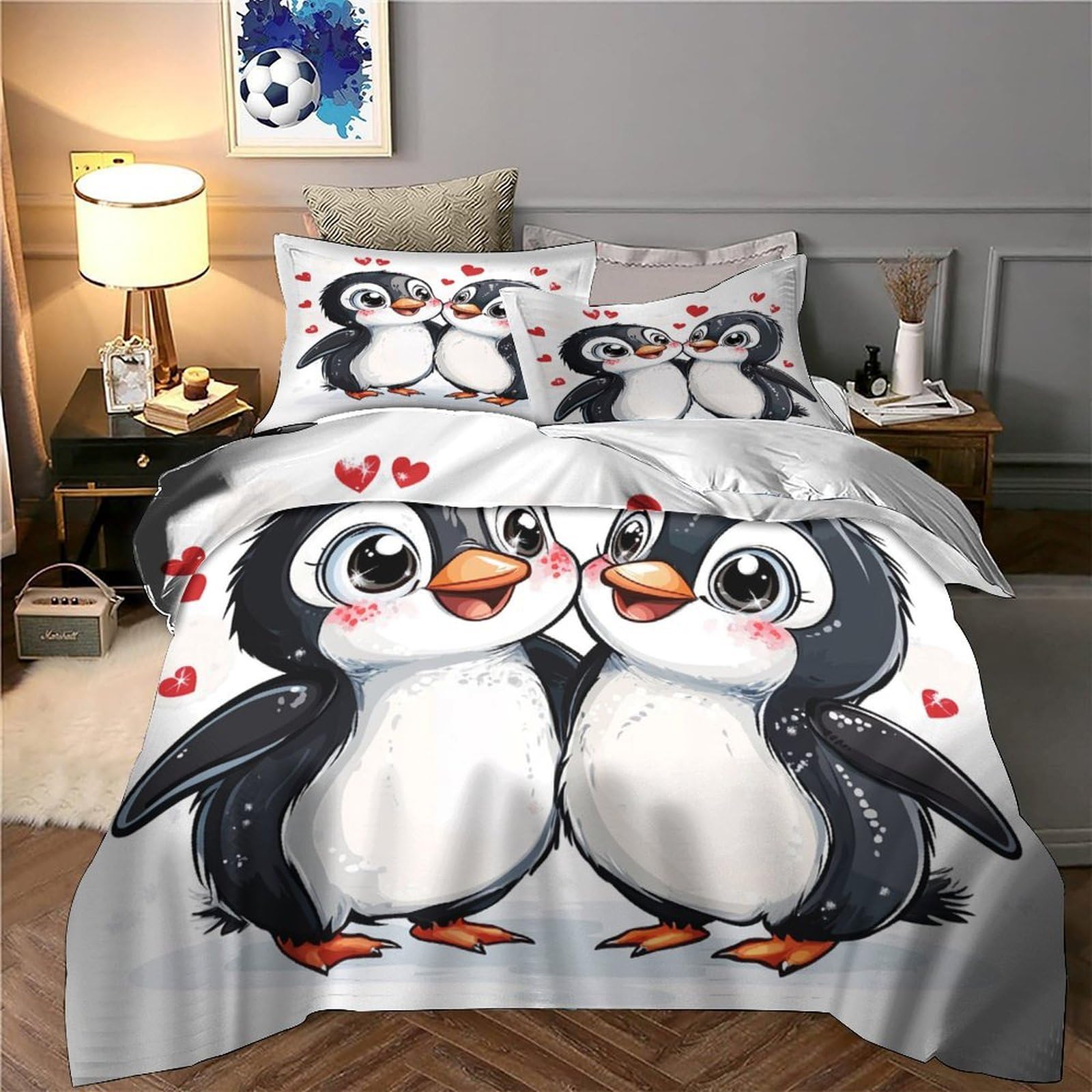 Niedliches Pärchen 3D Druck Bettbezug Mikrofaser Weiches Schlafzimmer Cartoon Pinguin Bettwäsche Set für Erwachsene Dekor Super King（260x220cm）