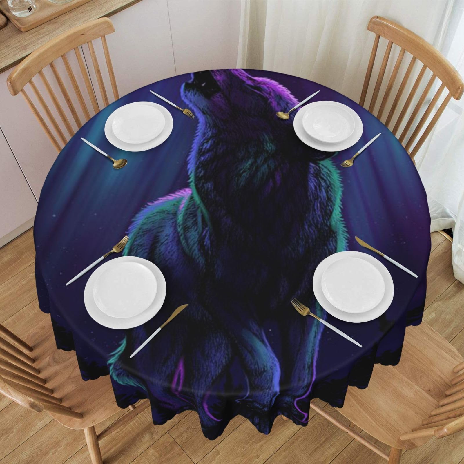 DCEHGEW 60 In Round Tablecloth with Lace, Wolves Howl in the Northern Lights Printed Oilproof & Washable Fabric Picnic Table Cloth Table Covers