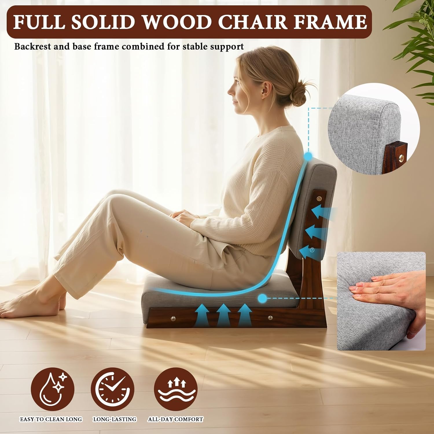 Geetery 2 Pack Tatami Chairs with Back Support & Cushion, Japanese Floor Chair, Walnut Meditation Seat Floor Seating for Balcony, Bay Window, Living Room, Bedroom