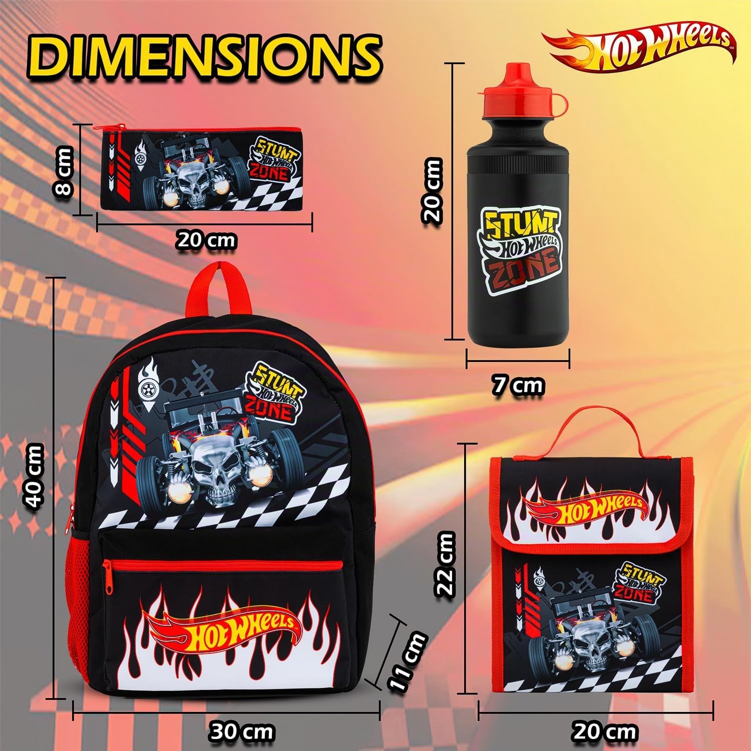 Hot Wheels Sac à dos pour enfant 4 pièces comprenant sac à déjeuner, bouteille d'eau et trousse à crayons