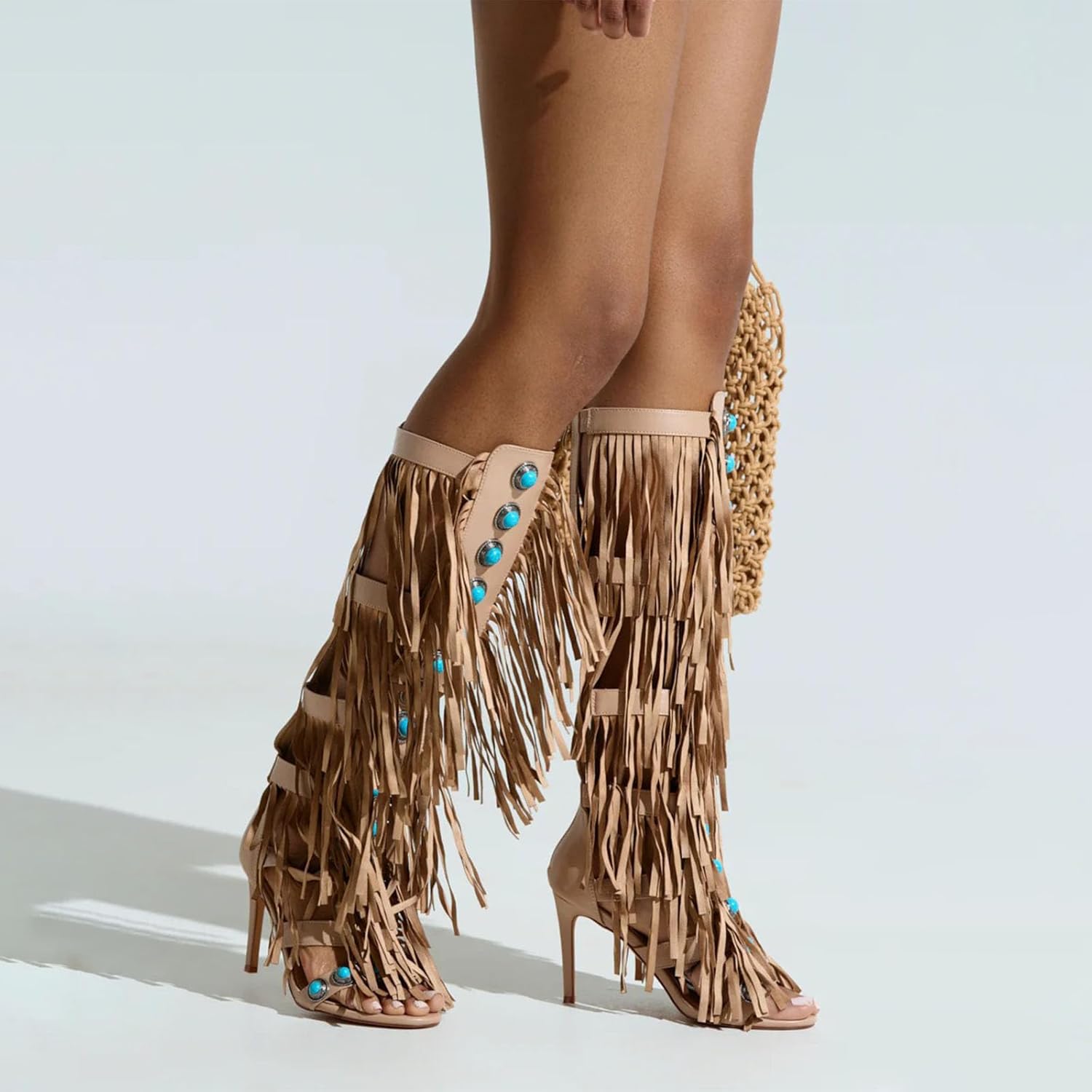 Women's Knee High Sandals Turquoise Heeled Boots with Fringe Tassels Zipper Open Toe High Sandal Boots Summer Shoes
