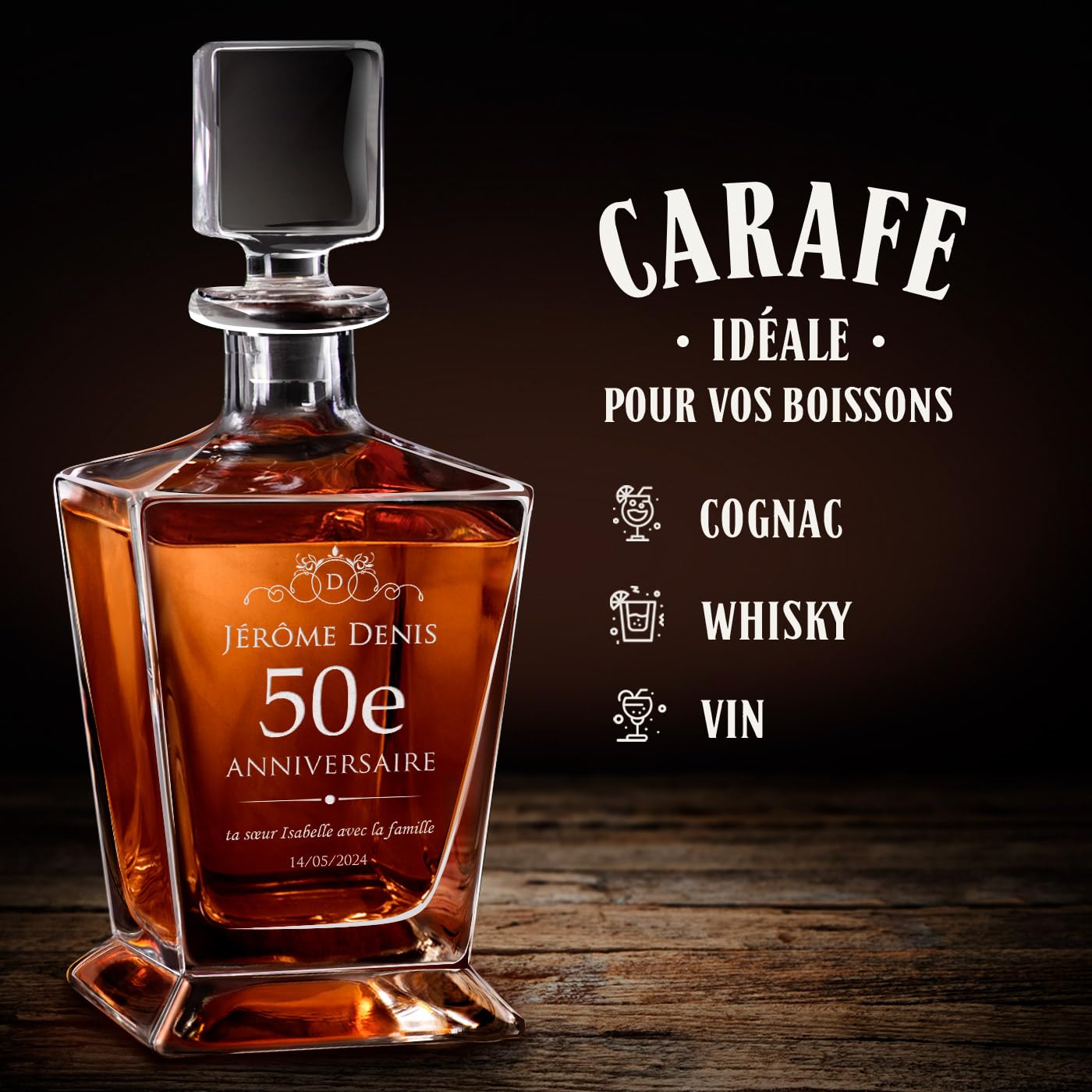 Maverton Ensemble de Carafe et 4/6 Verres à personnaliser - 0,8l Décanteur Whiskey + 2/4/6 Verres de 250ml - Souvenir pour homme - Service à Whisky pour lui - pour anniversaire - 50 ans