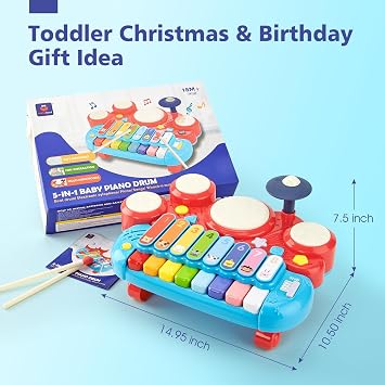 Baby Musical Toys, 3 in 1 Piano Keyboard Xylophone Drum Set for 1 Year Old