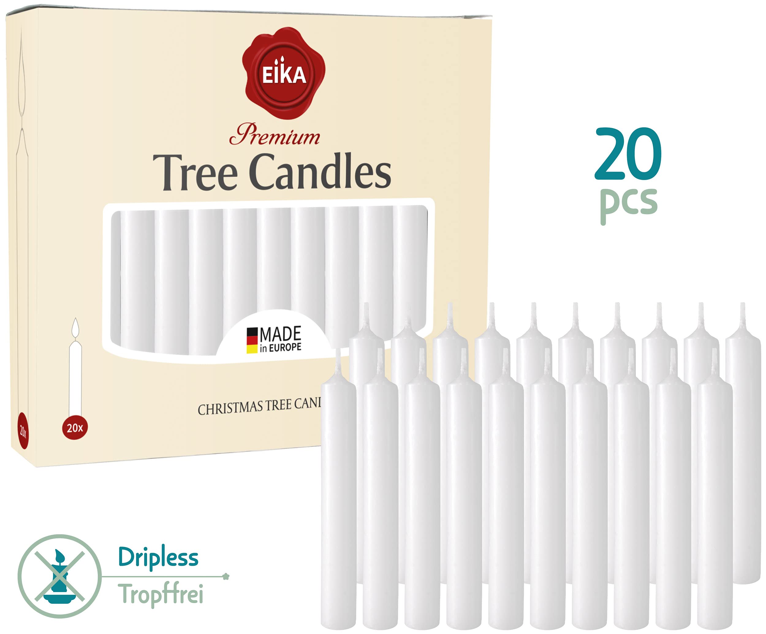 Eika Premium Christmas Tree Candles - Set of 20 Traditional Christmas Wax Candles for Pyramids, Carousels & Chimes - Made in Europe - Solid Colored - White